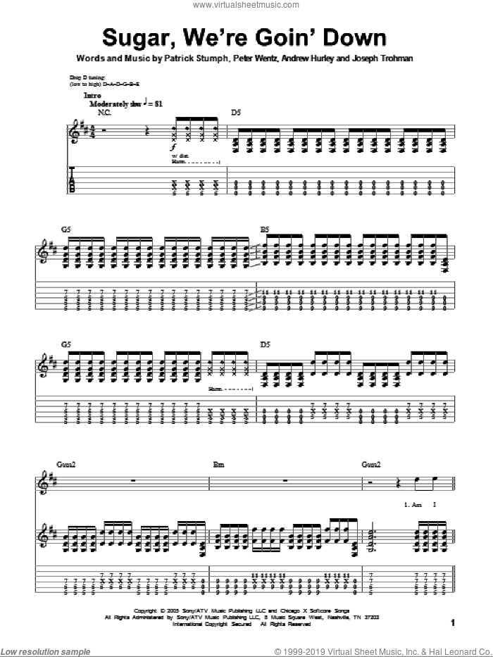 Sugar, We're Goin' Down sheet music for guitar (tablature, play-along) by Fall Out Boy, Andrew Hurley, Joseph Trohman, Patrick Stumph and Peter Wentz, intermediate skill level