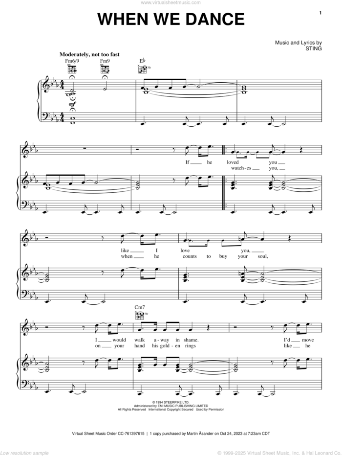 When We Dance sheet music for voice, piano or guitar by Sting, intermediate skill level