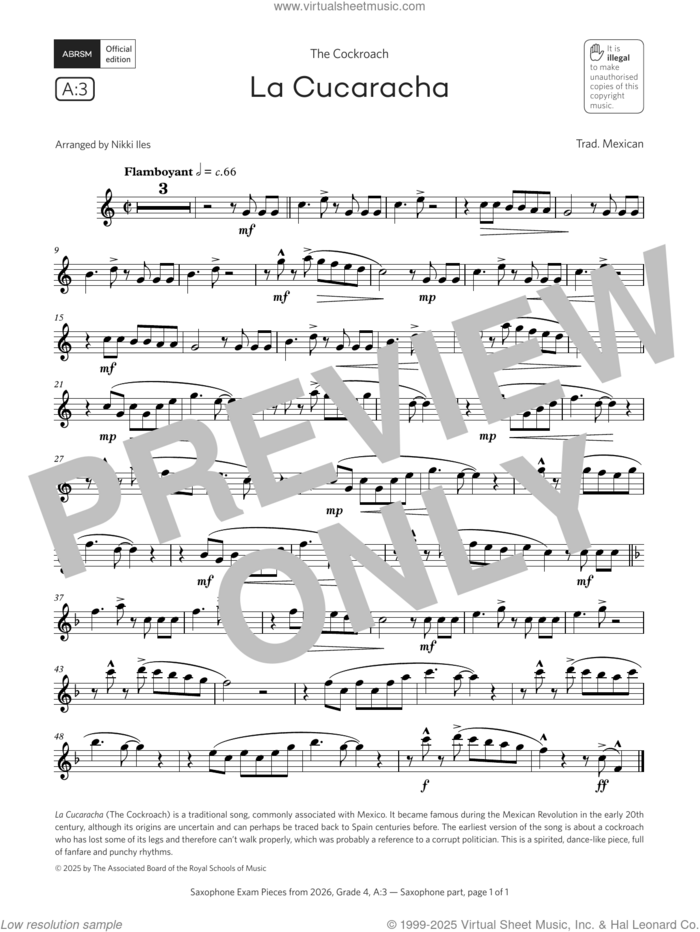 La Cucaracha (Grade 4, list A3, from the ABRSM Saxophone Syllabus from 2026) sheet music for saxophone solo by Trad. Mexican and Nikki Iles, classical score, intermediate skill level