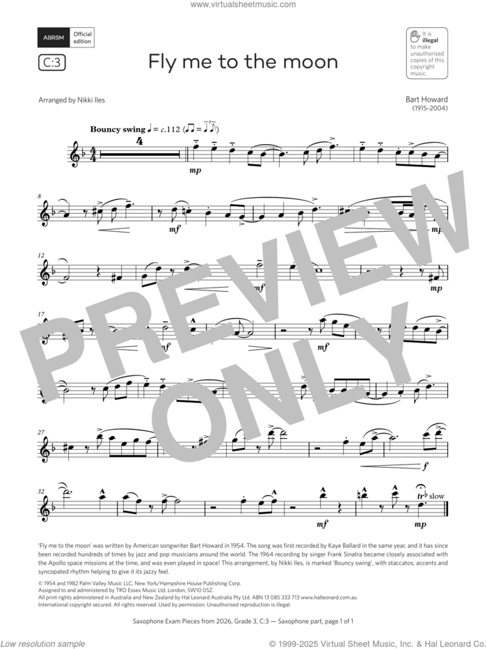 Fly me to the moon (Grade 3, list C3, from the ABRSM Saxophone Syllabus from 2026) sheet music for saxophone solo by Bart Howard and Nikki Iles, classical score, intermediate skill level