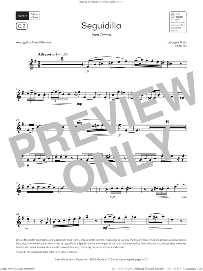 Seguidilla (Grade 4, list C2, from the ABRSM Saxophone Syllabus from 2026) sheet music for saxophone solo by Georges Bizet and David Blackwell, classical score, intermediate skill level