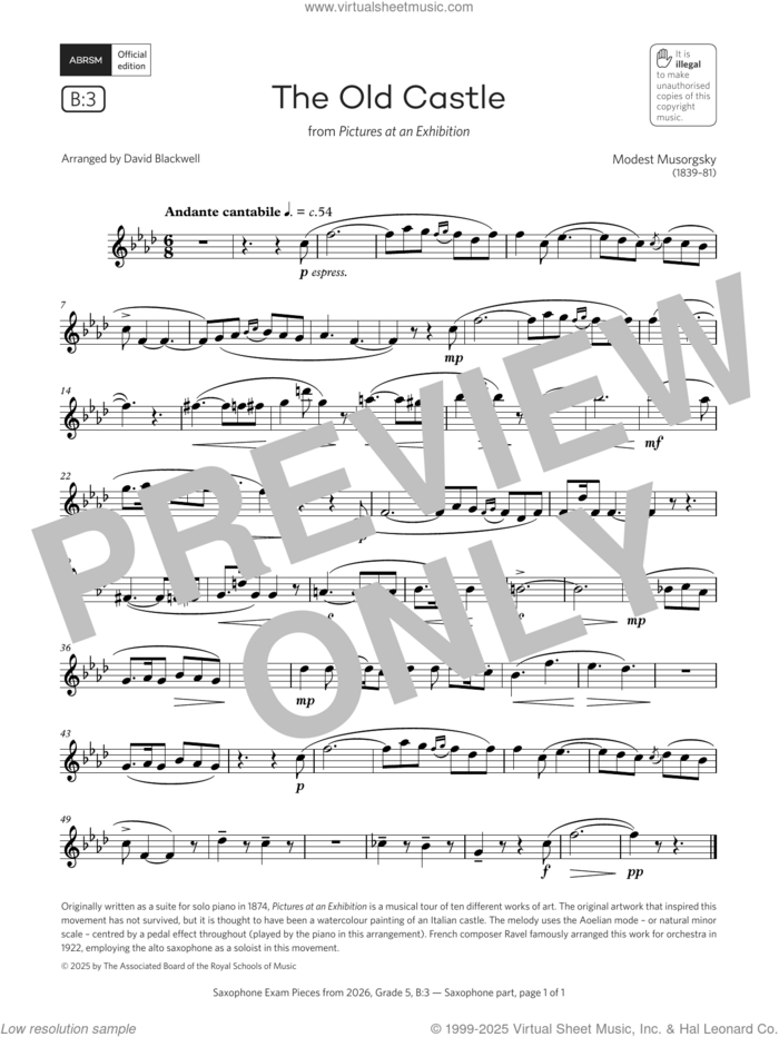 The Old Castle (Grade 5, list B3, from the ABRSM Saxophone Syllabus from 2026) sheet music for saxophone solo by Modest Petrovich Musorgsky and David Blackwell, classical score, intermediate skill level