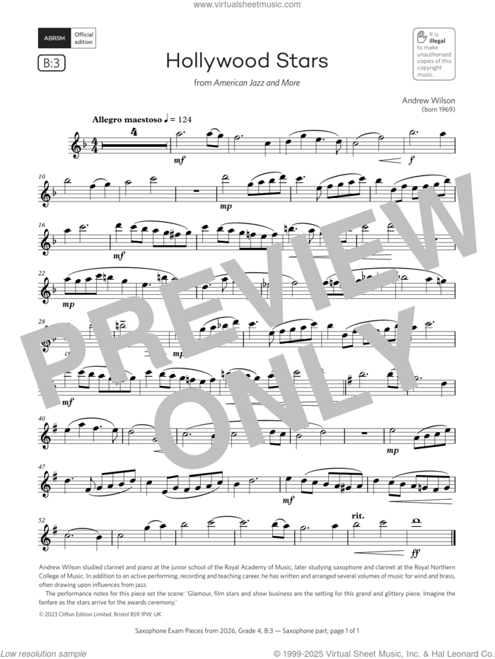 Hollywood Stars (Grade 4, list B3, from the ABRSM Saxophone Syllabus from 2026) sheet music for saxophone solo by Andrew Wilson, classical score, intermediate skill level