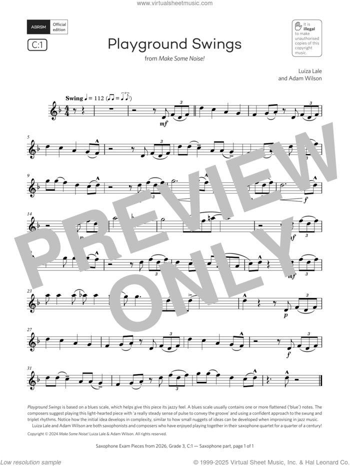 Playground Swings (Grade 3, list C1, from the ABRSM Saxophone Syllabus from 2026) sheet music for saxophone solo by Adam Wilson and Luiza Lale, classical score, intermediate skill level