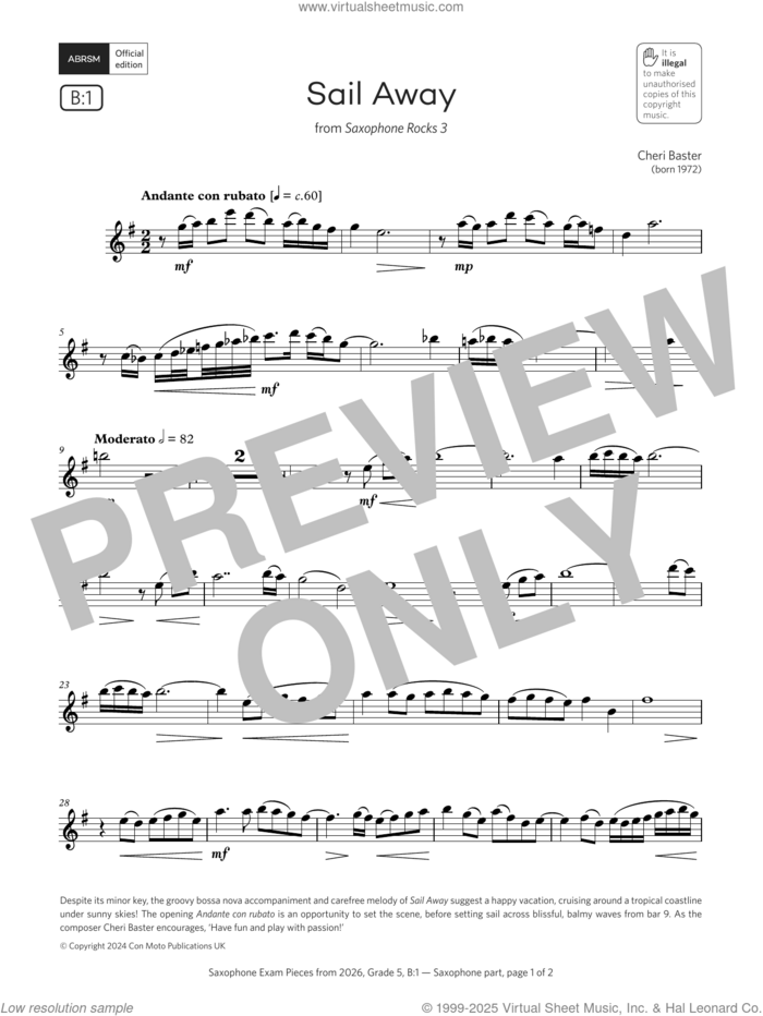 Sail Away (Grade 5, list B1, from the ABRSM Saxophone Syllabus from 2026) sheet music for saxophone solo by Cheri Baster, classical score, intermediate skill level