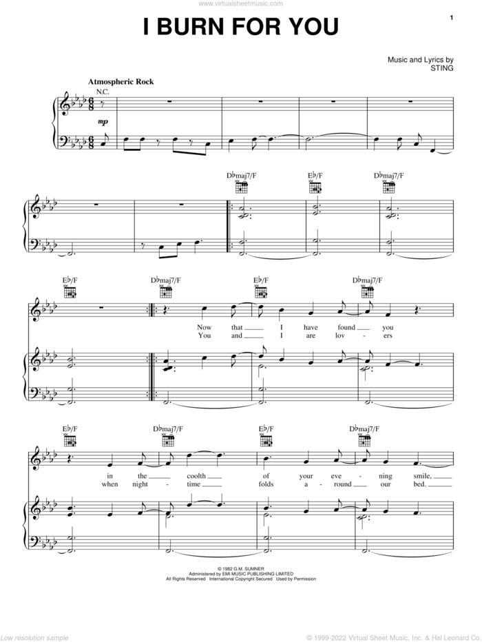 I Burn For You sheet music for voice, piano or guitar by The Police and Sting, intermediate skill level