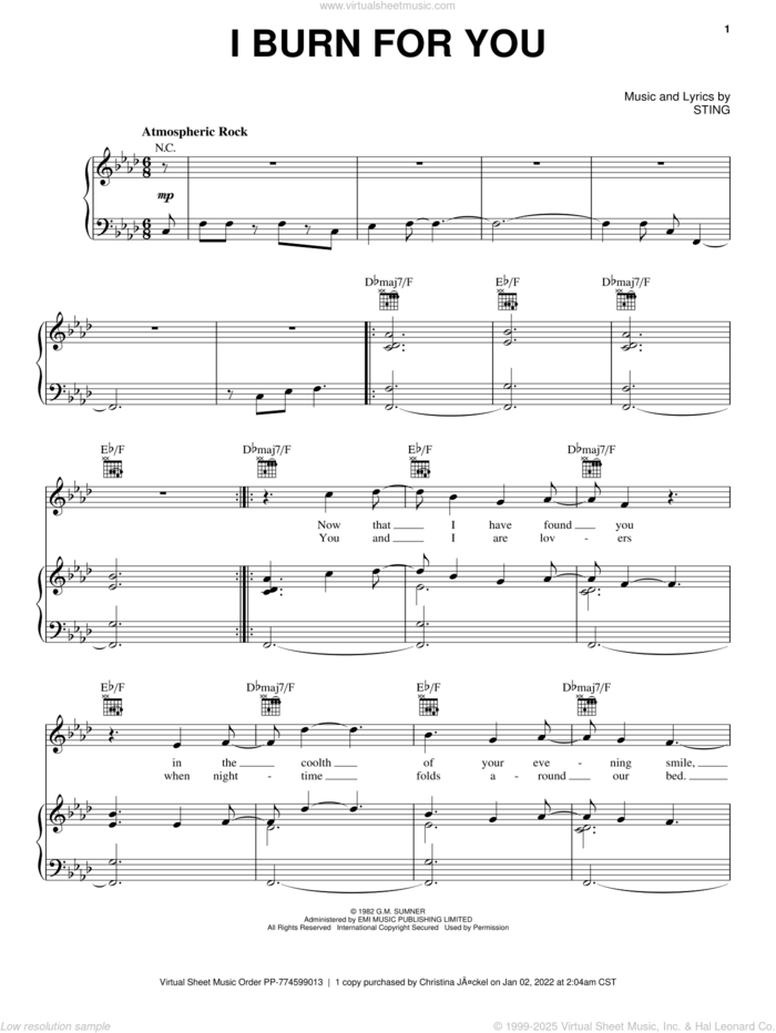 I Burn For You sheet music for voice, piano or guitar by The Police and Sting, intermediate skill level