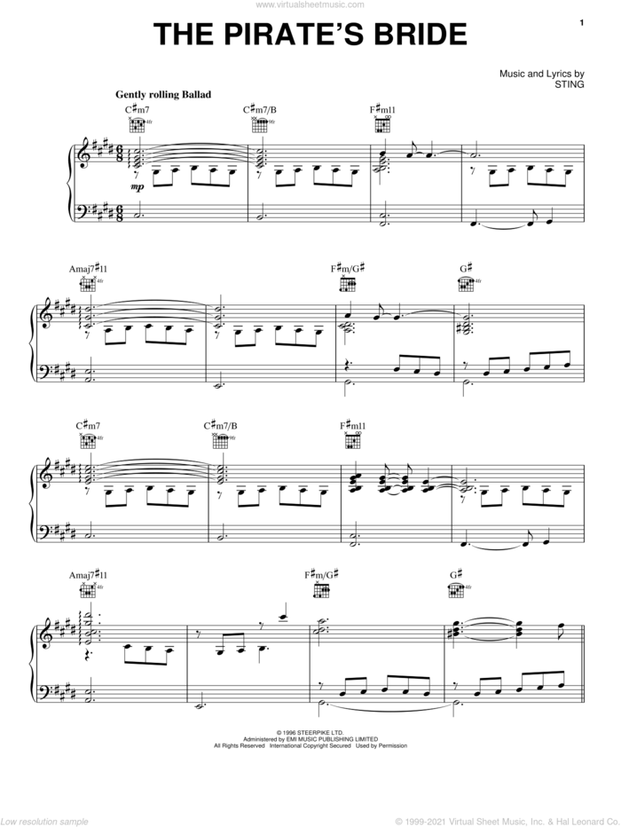 The Pirates Bride sheet music for voice, piano or guitar by Sting, intermediate skill level