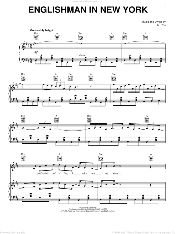 Englishman In New York sheet music for voice, piano or guitar by Sting, intermediate skill level