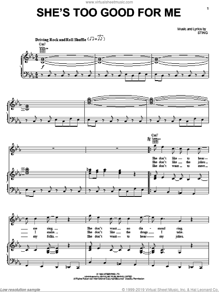 She's Too Good For Me sheet music for voice, piano or guitar by Sting, intermediate skill level