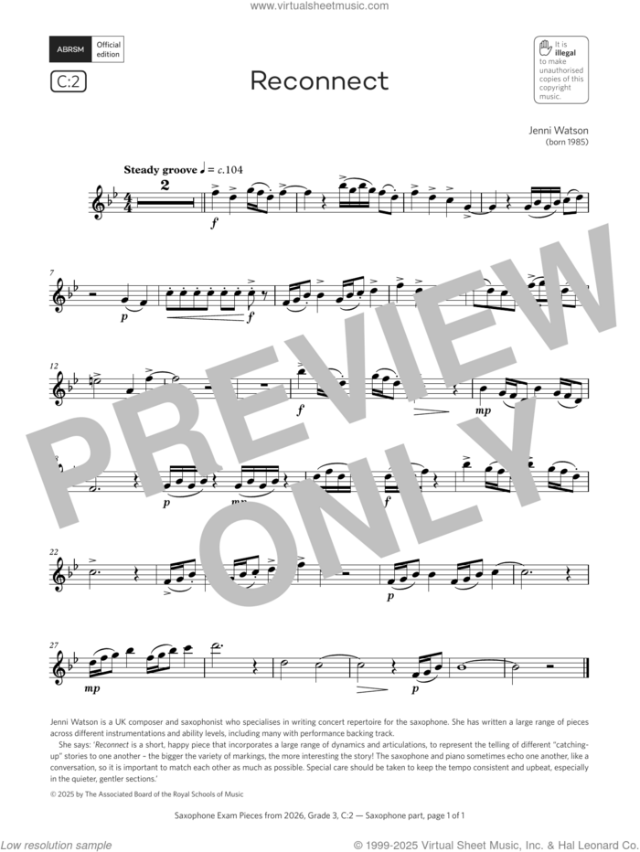 Reconnect (Grade 3, list C2, from the ABRSM Saxophone Syllabus from 2026) sheet music for saxophone solo by Jenni Watson, classical score, intermediate skill level