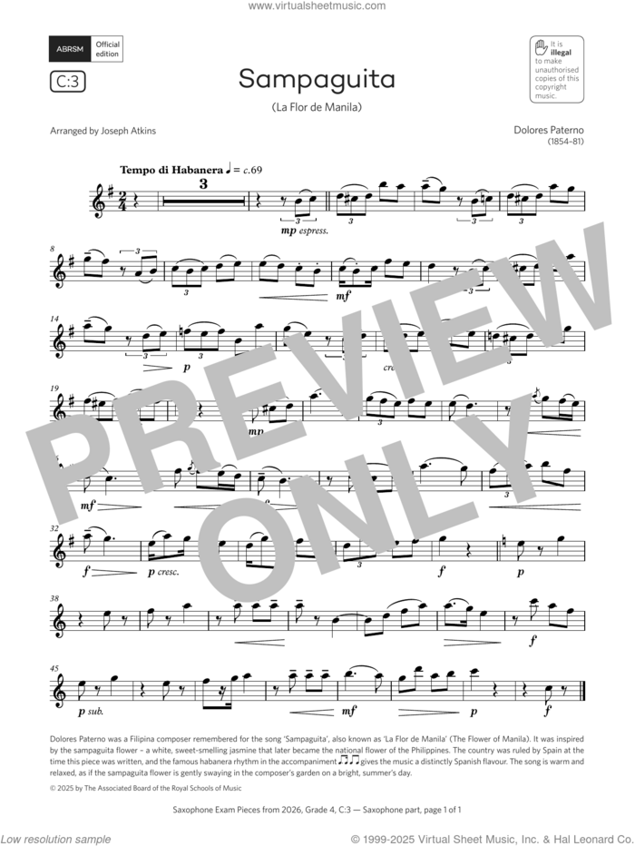 Sampaguita (Grade 4, list C3, from the ABRSM Saxophone Syllabus from 2026) sheet music for saxophone solo by Dolores Paterno and Joseph Atkins, classical score, intermediate skill level