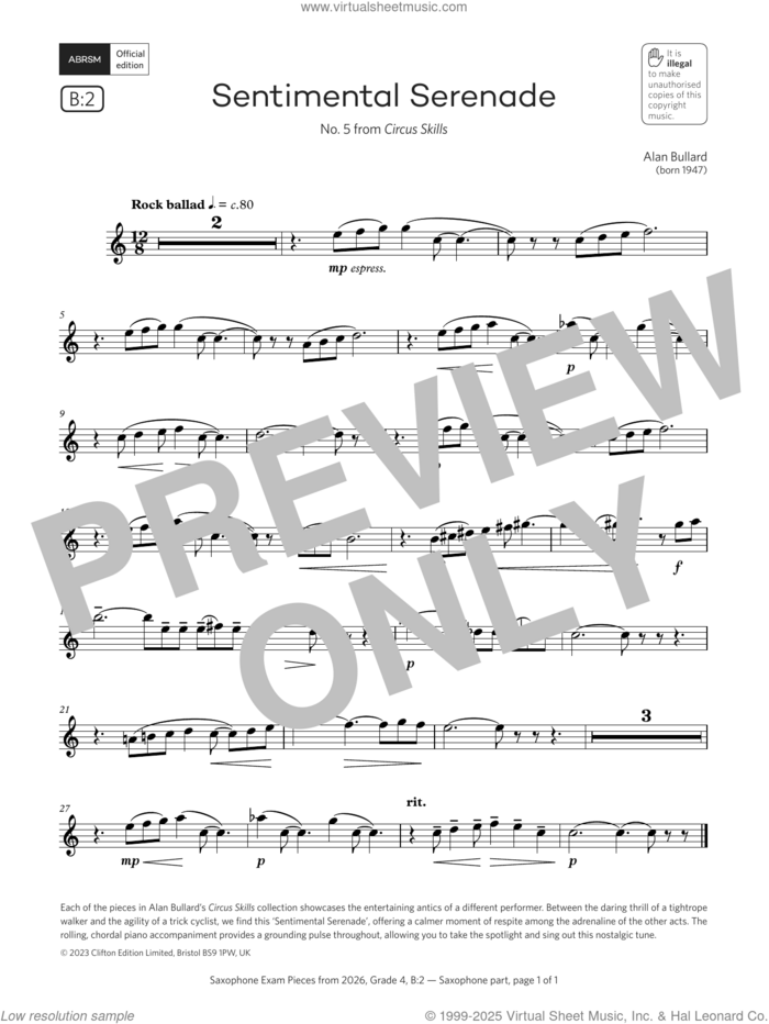 Sentimental Serenade (Grade 4, list B2, from the ABRSM Saxophone Syllabus from 2026) sheet music for saxophone solo by Alan Bullard, classical score, intermediate skill level