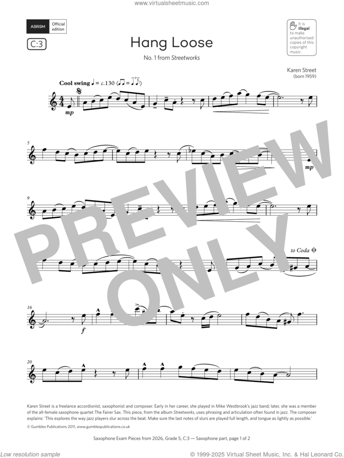 Hang Loose (Grade 5, list C3, from the ABRSM Saxophone Syllabus from 2026) sheet music for saxophone solo by Karen Street, classical score, intermediate skill level