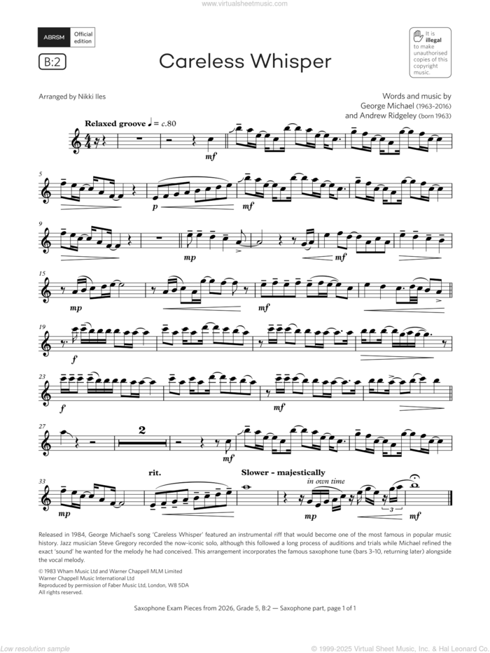 Careless Whisper (Grade 5, list B2, from the ABRSM Saxophone Syllabus from 2026) sheet music for saxophone solo by George Michael, Nikki Iles and Andrew Ridgeley, classical score, intermediate skill level