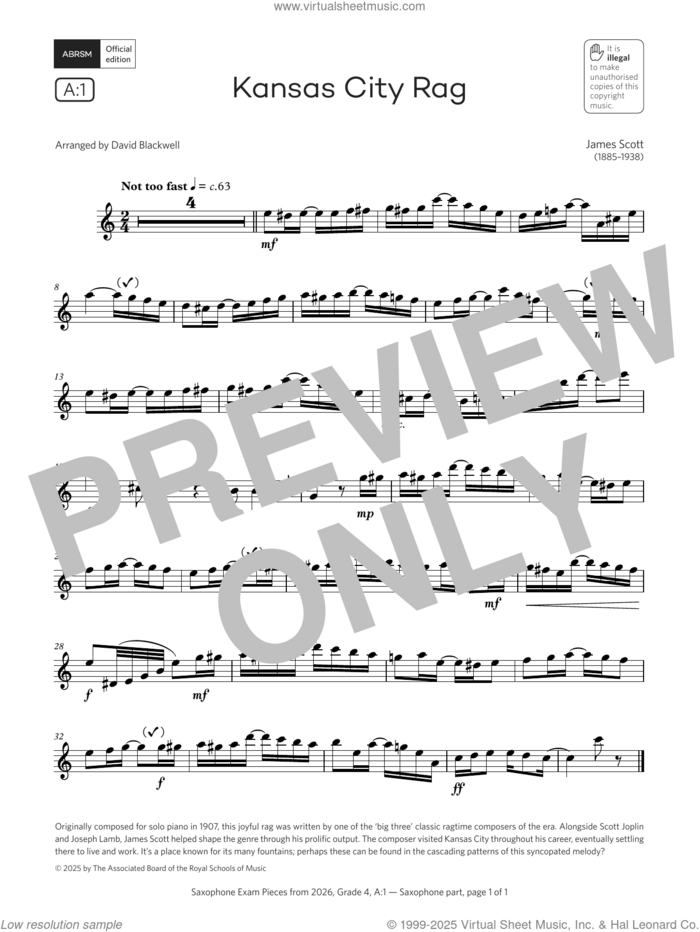 Kansas City Rag (Grade 4, list A1, from the ABRSM Saxophone Syllabus from 2026) sheet music for saxophone solo by James Scott and David Blackwell, intermediate skill level