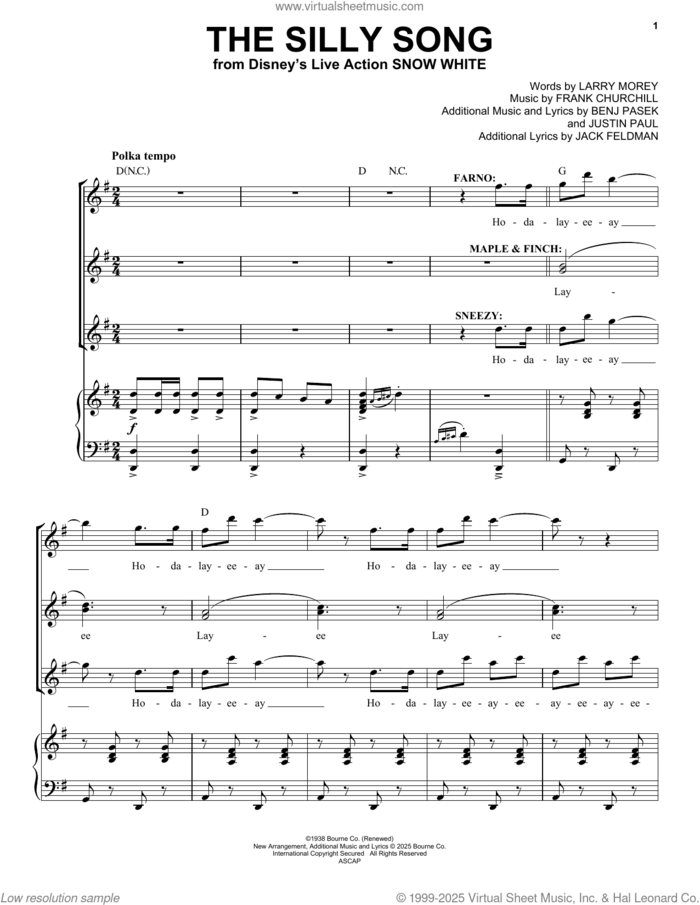 The Silly Song (from Snow White) (2025) sheet music for voice and piano by Frank Churchill, Benj Pasek, Justin Paul, Jack Feldman and Larry Morey, intermediate skill level