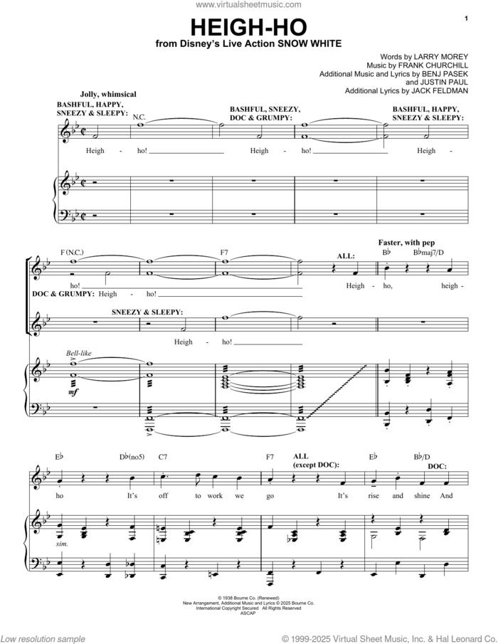 Heigh-Ho (from Snow White) (2025) sheet music for voice and piano by Frank Churchill, Benj Pasek, Justin Paul, Jack Feldman and Larry Morey, intermediate skill level