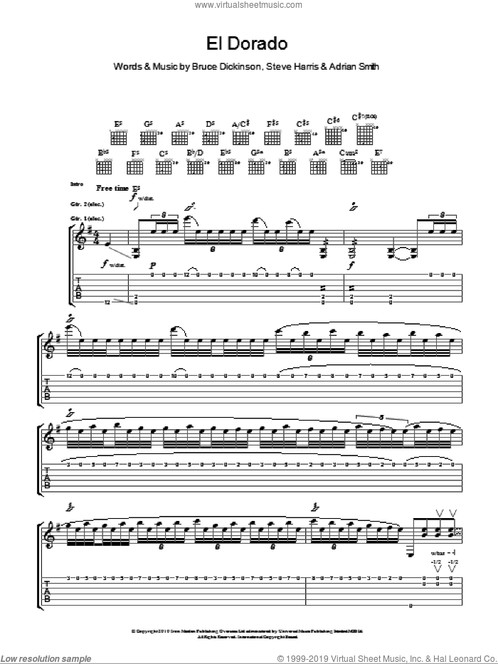 El Dorado sheet music for guitar (tablature) by Iron Maiden, Adrian Smith, Bruce Dickinson and Steve Harris, intermediate skill level