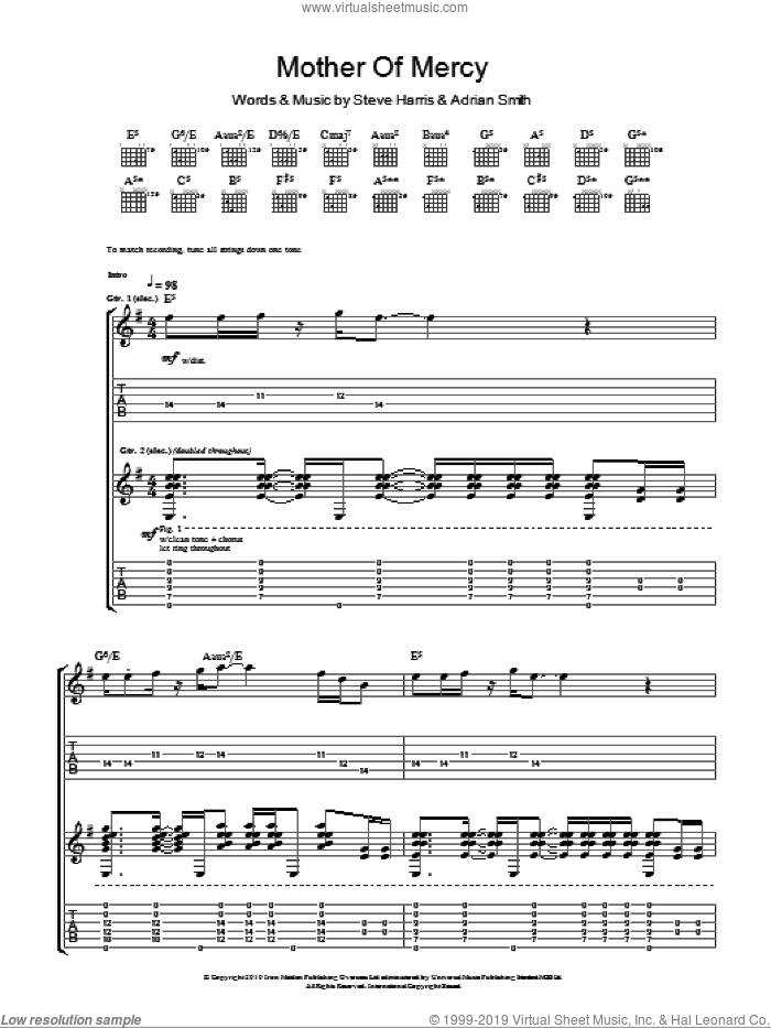 Mother Of Mercy sheet music for guitar (tablature) by Iron Maiden, Adrian Smith and Steve Harris, intermediate skill level