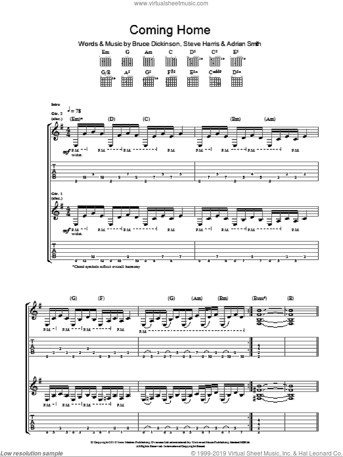 Coming Home sheet music for guitar (tablature) by Iron Maiden, Adrian Smith, Bruce Dickinson and Steve Harris, intermediate skill level