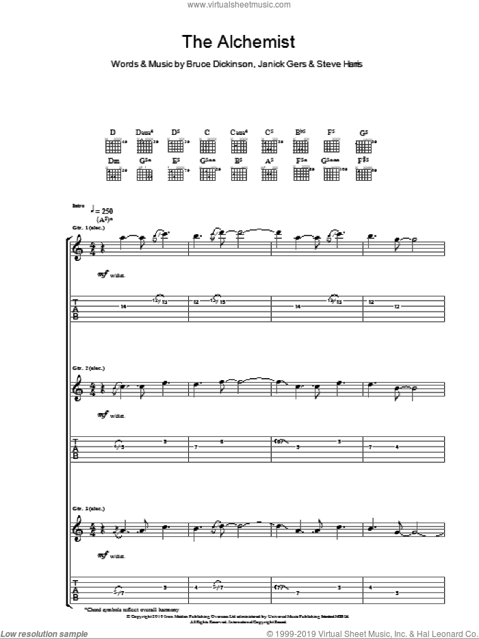 The Alchemist sheet music for guitar (tablature) by Iron Maiden, Bruce Dickinson, Janick Gers and Steve Harris, intermediate skill level