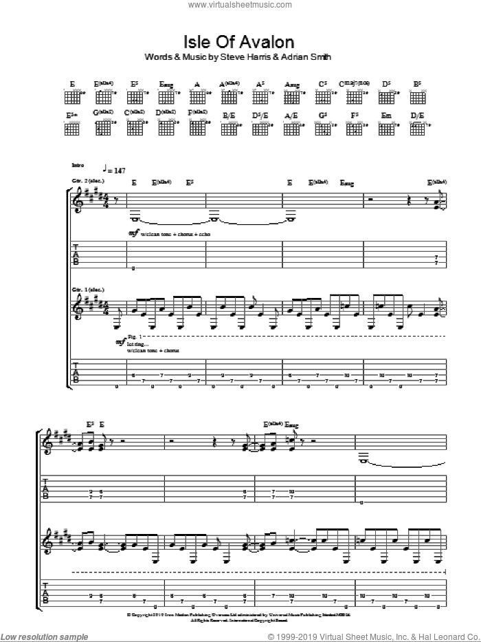 Isle Of Avalon sheet music for guitar (tablature) by Iron Maiden, Adrian Smith and Steve Harris, intermediate skill level