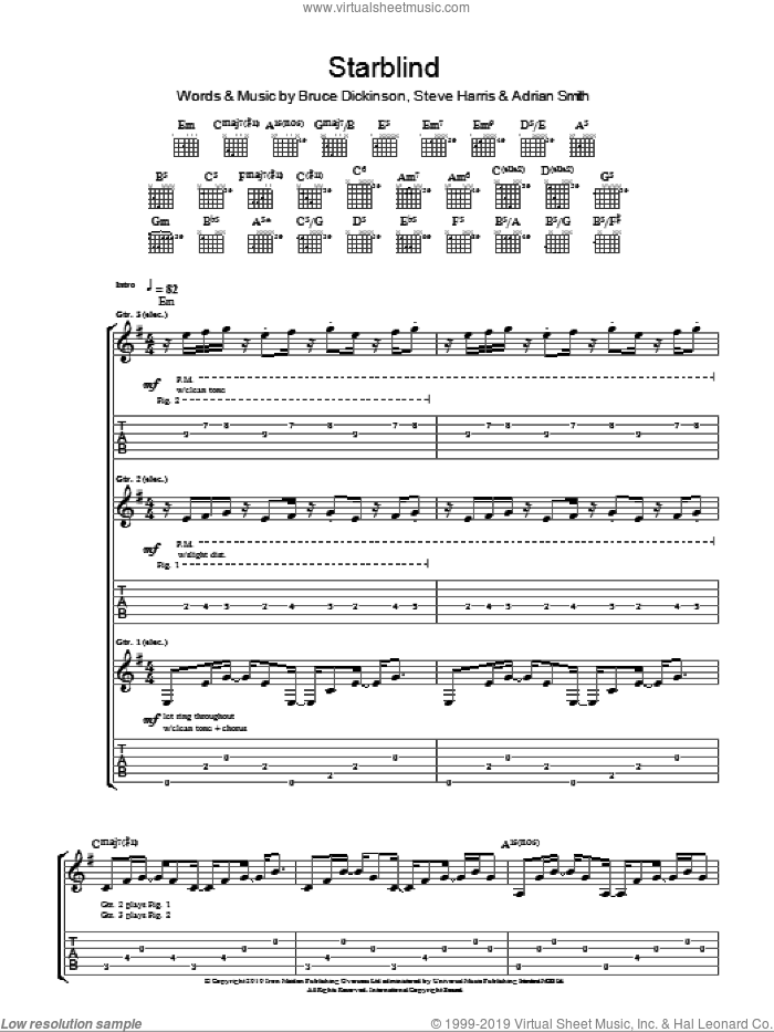 Starblind sheet music for guitar (tablature) by Iron Maiden, Adrian Smith, Bruce Dickinson and Steve Harris, intermediate skill level