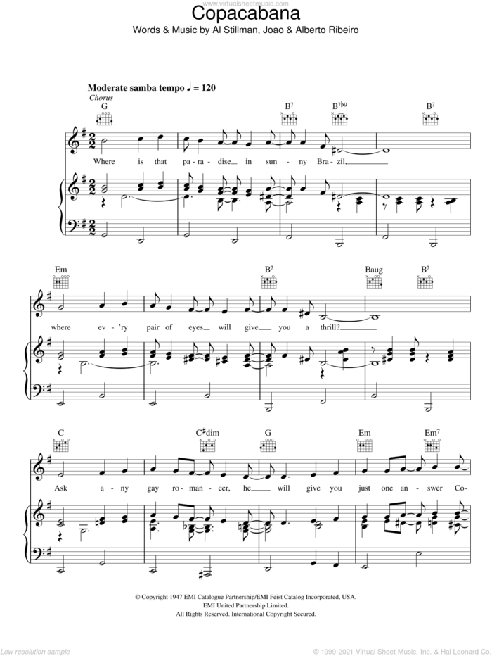 Copacabana sheet music for voice, piano or guitar by Bing Crosby, Al Stillman, Alberto Ribeiro and Joao, intermediate skill level
