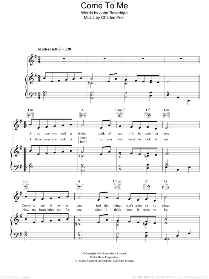 Come To Me sheet music for voice, piano or guitar by Julie Grant, Charles Prior and John Beveridge, intermediate skill level