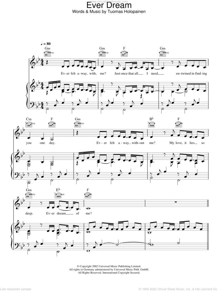 Ever Dream sheet music for voice, piano or guitar by Nightwish and Tuomas Holopainen, intermediate skill level