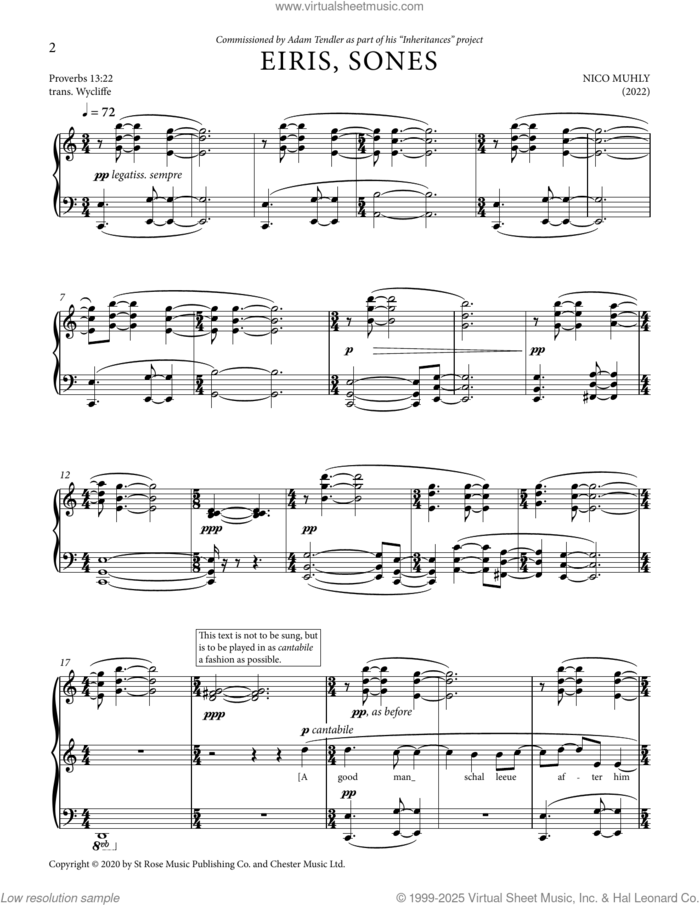 Eiris, Sones sheet music for piano solo by Nico Muhly, intermediate skill level