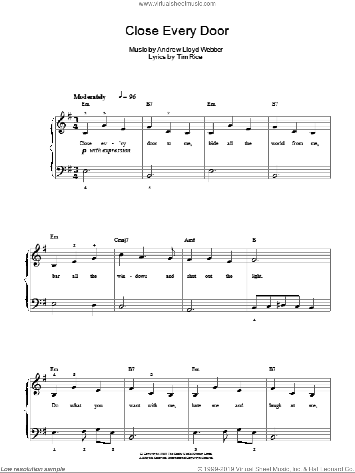 Close Every Door sheet music for piano solo by Andrew Lloyd Webber, Joseph And The Amazing Technicolor Dreamcoat (Musical) and Tim Rice, easy skill level