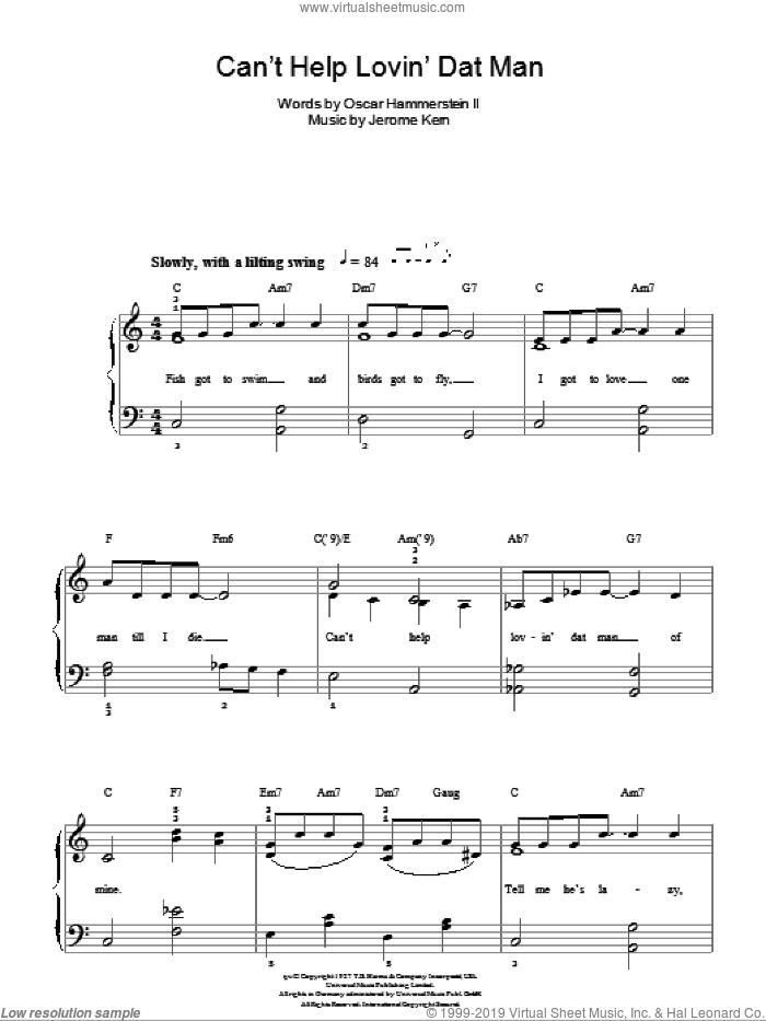 Can't Help Lovin' Dat Man sheet music for piano solo by Jerome Kern and Oscar II Hammerstein, easy skill level