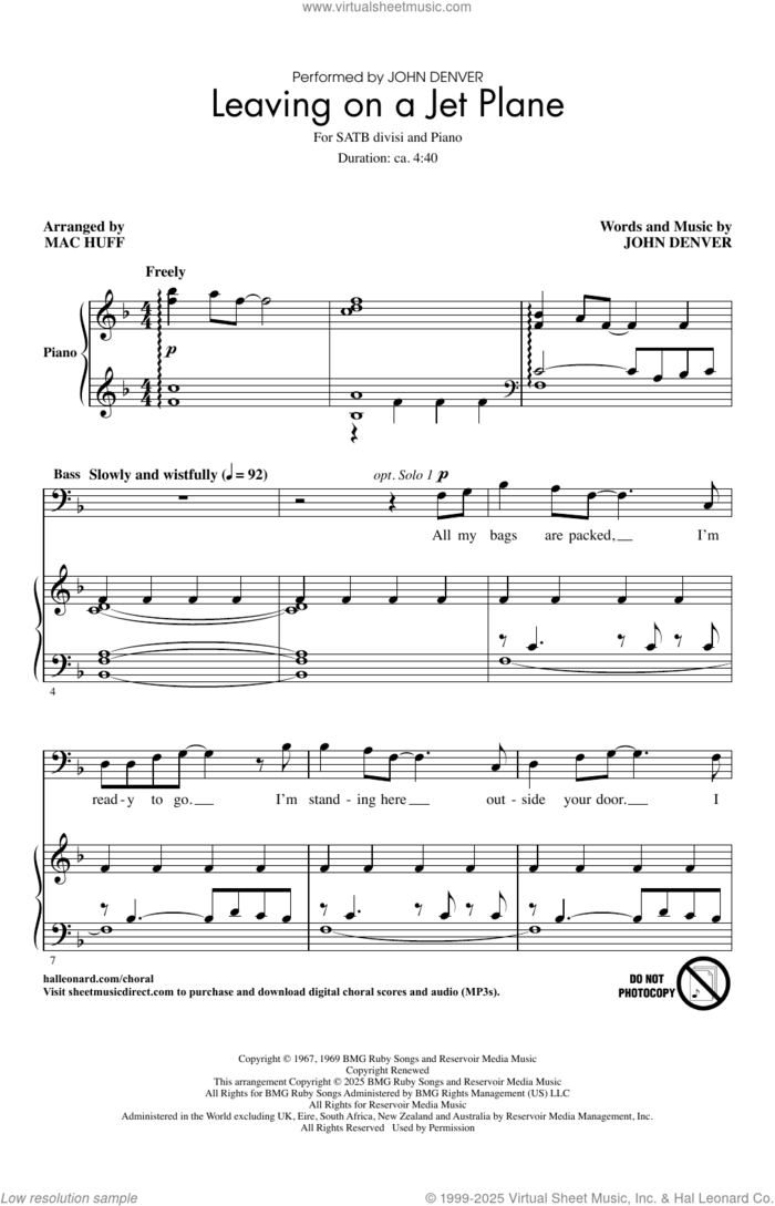 Leaving On A Jet Plane (arr. Mac Huff) sheet music for choir (SATB Divisi) by John Denver and Mac Huff, intermediate skill level