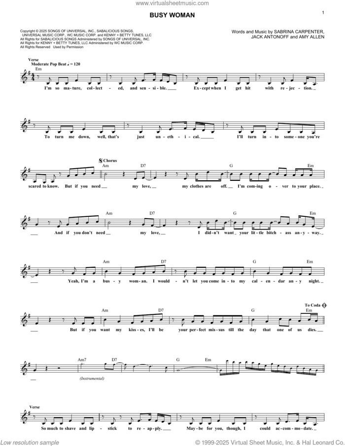 Busy Woman sheet music for voice and other instruments (fake book) by Sabrina Carpenter, Amy Allen and Jack Antonoff, intermediate skill level