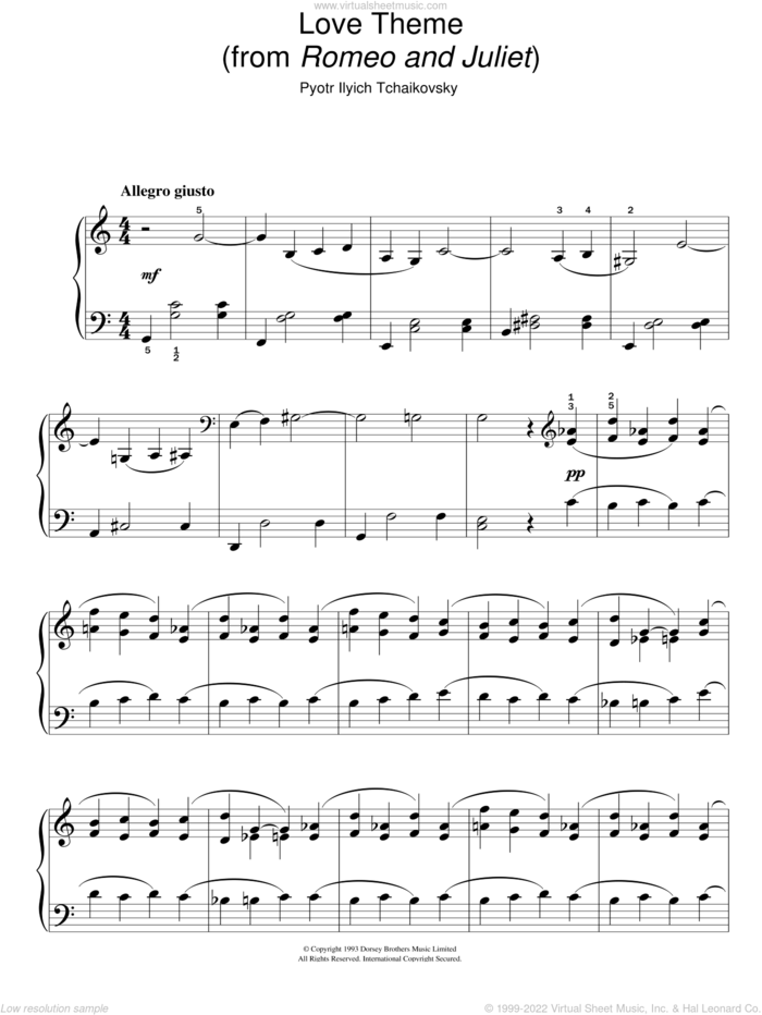Romeo And Juliet sheet music for piano solo by Pyotr Ilyich Tchaikovsky, classical score, easy skill level