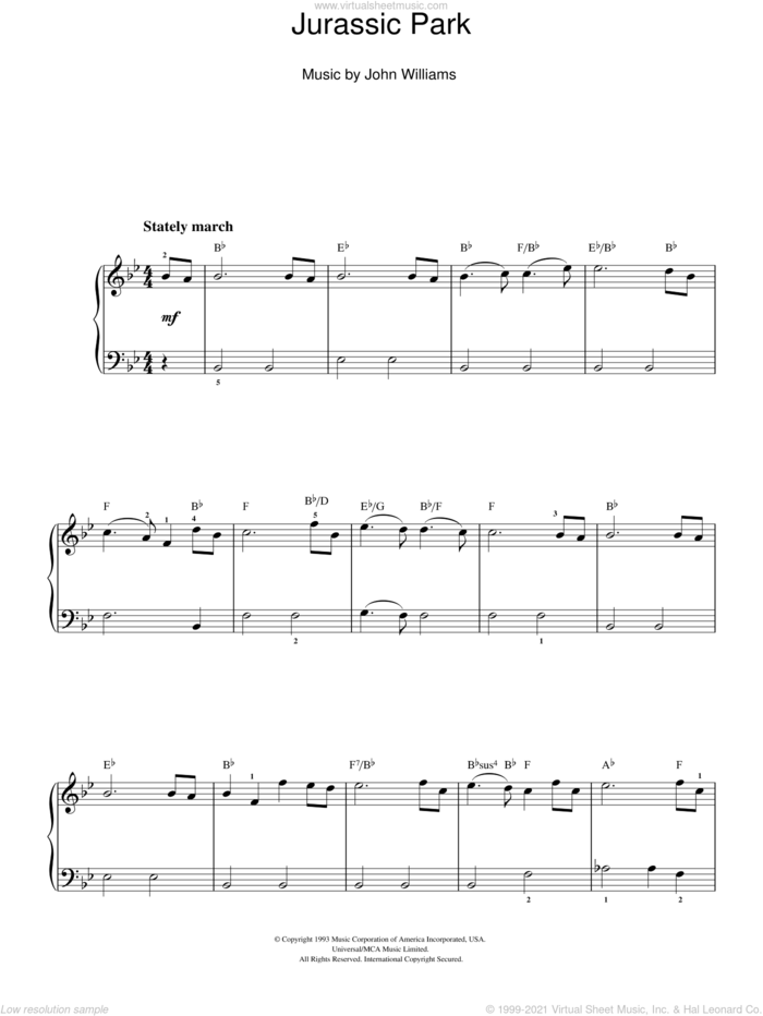 Jurassic Park (Theme) sheet music for piano solo by John Williams, easy skill level
