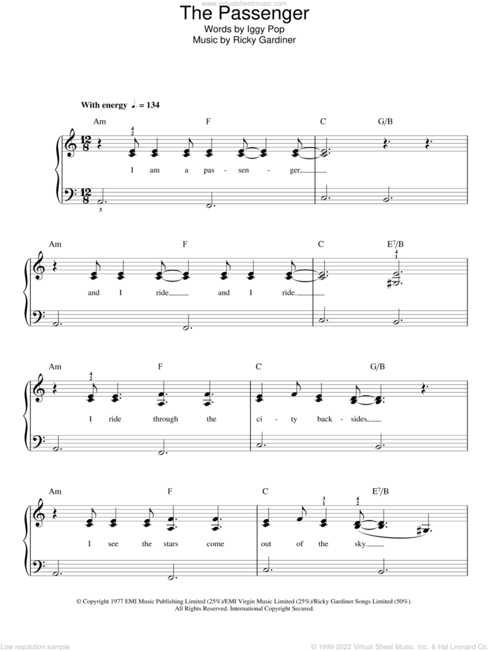 The Passenger sheet music for piano solo by Iggy Pop and Ricky Gardiner, easy skill level