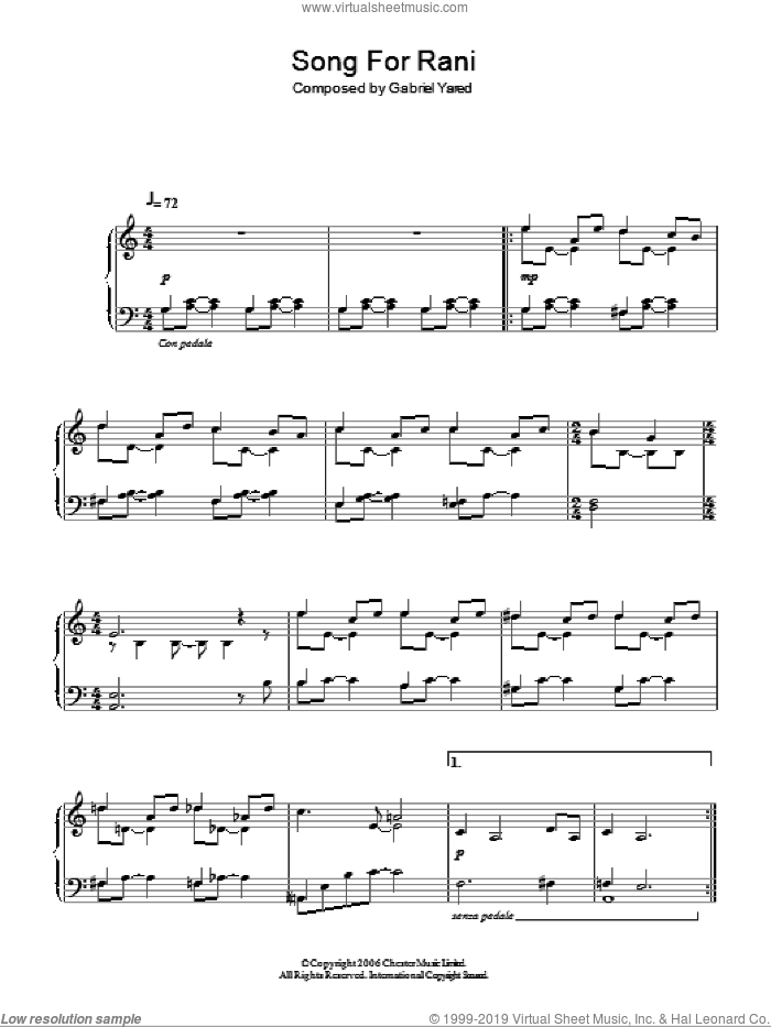 Song For Rani sheet music for piano solo by Gabriel Yared, intermediate skill level