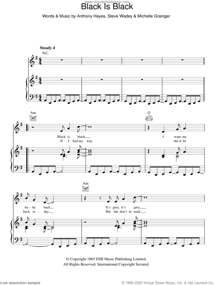 Black Is Black sheet music for voice, piano or guitar by Los Bravos, Anthony Hayes, Michelle Grainger and Steve Wadey, intermediate skill level