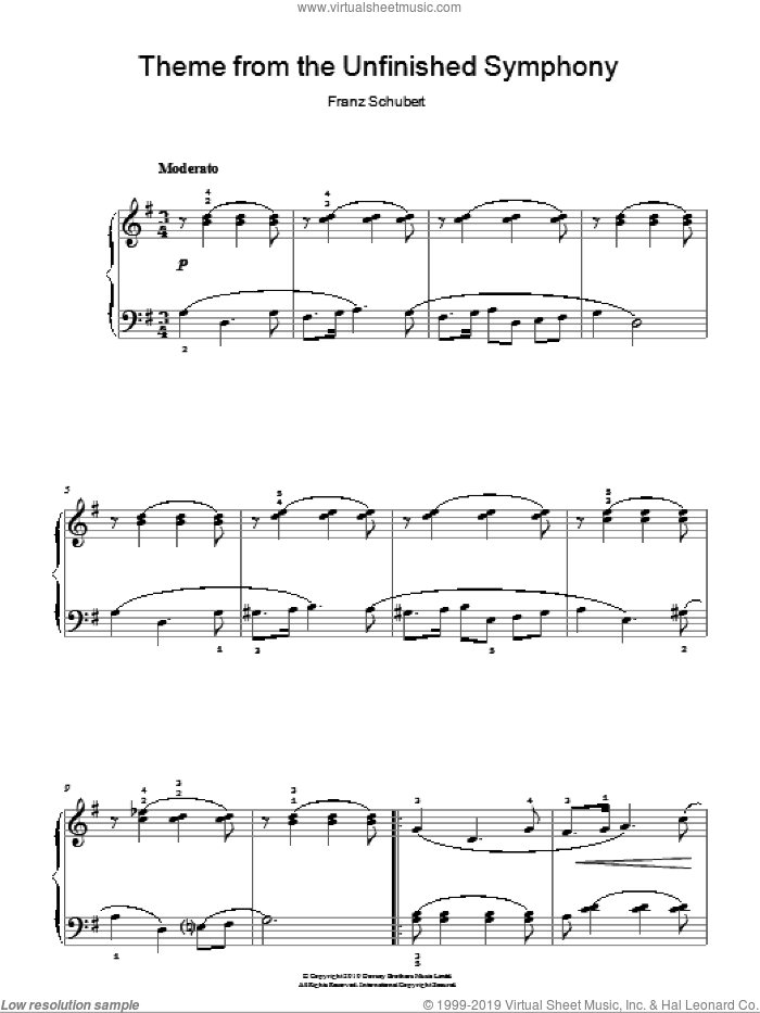 Theme From The Unfinished Symphony sheet music for piano solo by Franz Schubert, classical score, easy skill level