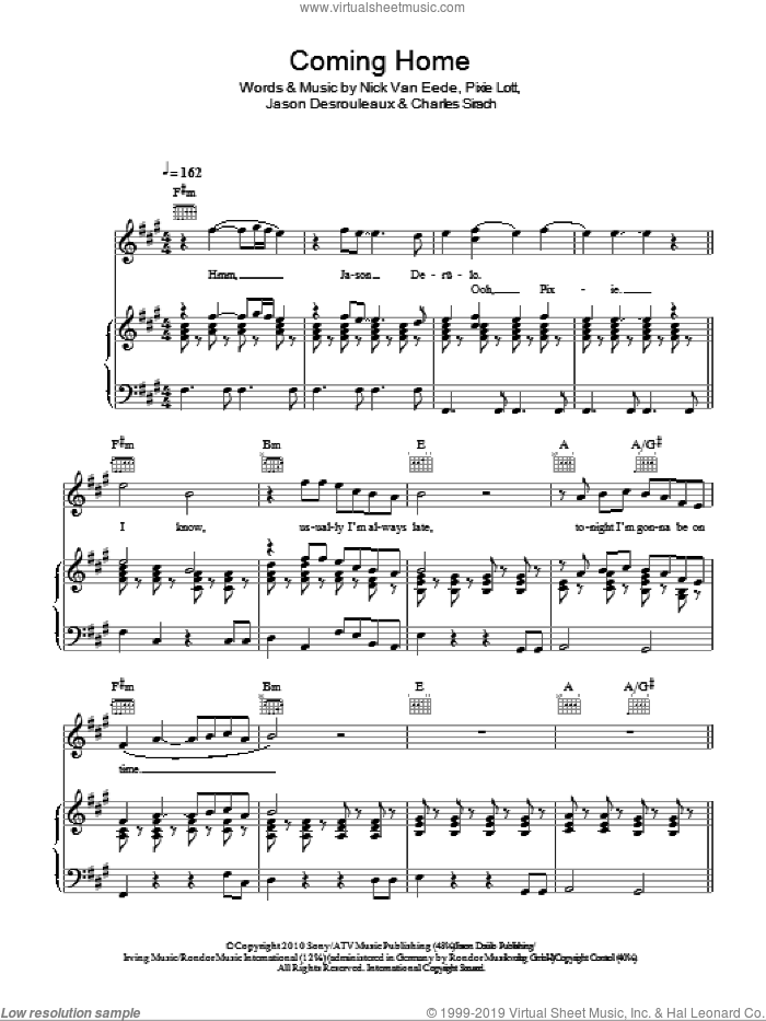 Coming Home sheet music for voice, piano or guitar by Pixie Lott featuring Jason Derulo, Jason Derulo, Charles Sirach, Jason Desrouleaux, Nick Van Eede and Pixie Lott, intermediate skill level
