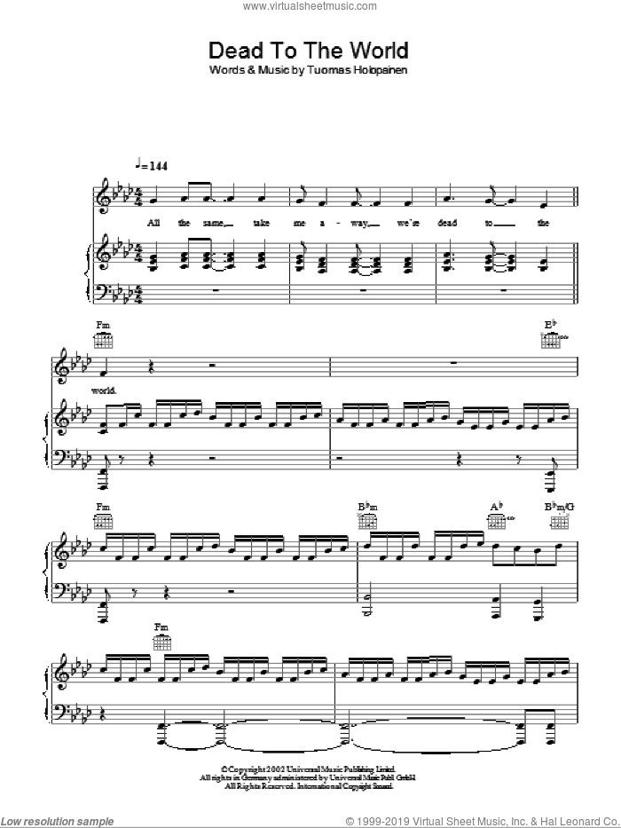 Dead To The World sheet music for voice, piano or guitar by Nightwish and Tuomas Holopainen, intermediate skill level