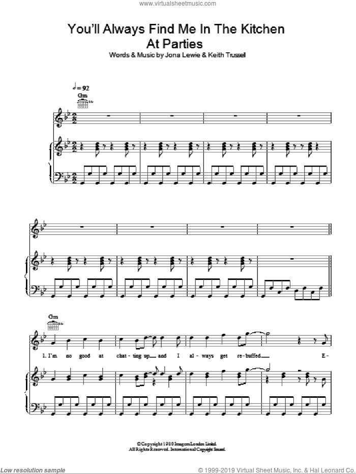You'll Always Find Me In The Kitchen At Parties sheet music for voice, piano or guitar by Jona Lewie and Keith Trussell, intermediate skill level
