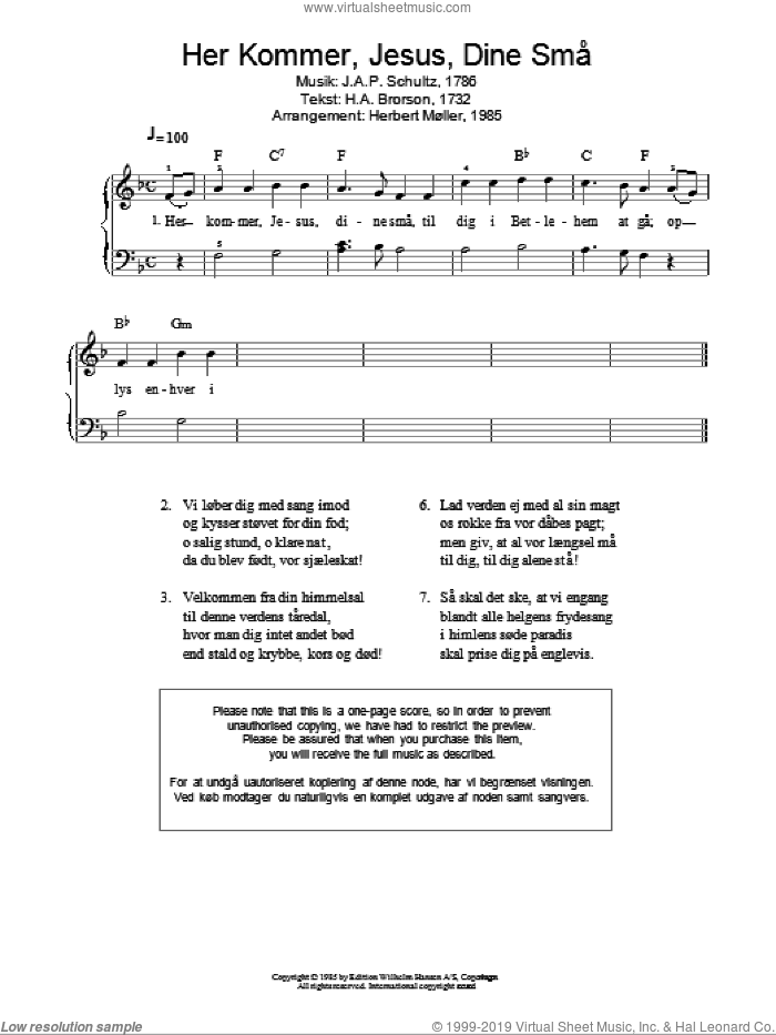 Her Kommer, Jesus, Dine Sma sheet music for piano solo by J.A.P. Schulz, Herbert Moller and H.A. Brorson, classical score, intermediate skill level