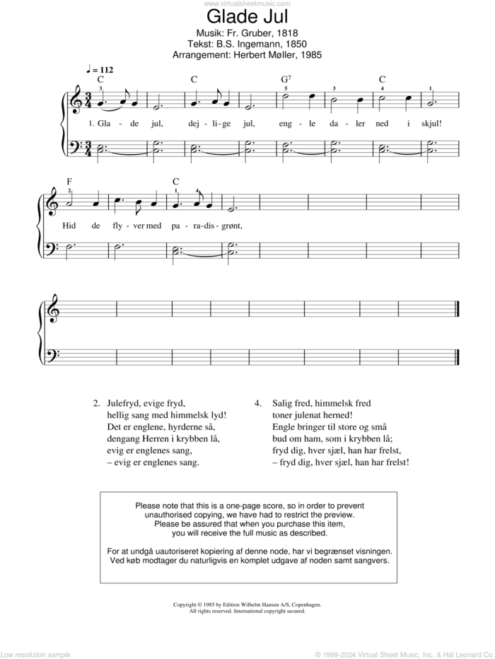 Glade Jul sheet music for piano solo by Franz Gruber, Herbert Moller and Bernhard Ingemann, classical score, intermediate skill level