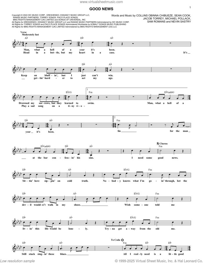 Good News sheet music for voice and other instruments (fake book) by Shaboozey, Collins Obinna Chibueze, Jacob Torrey, Michael Pollack, Nevin Sastry, Sam Romans and Sean Cook, intermediate skill level