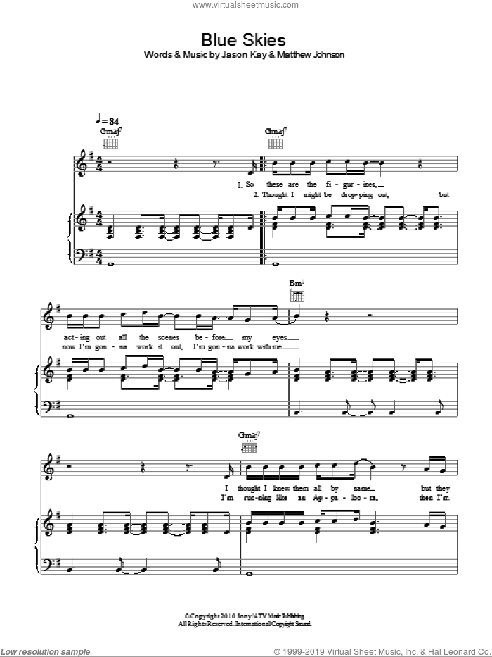 Blue Skies sheet music for voice, piano or guitar by Jamiroquai, Jason Kay and Matt Johnson, intermediate skill level