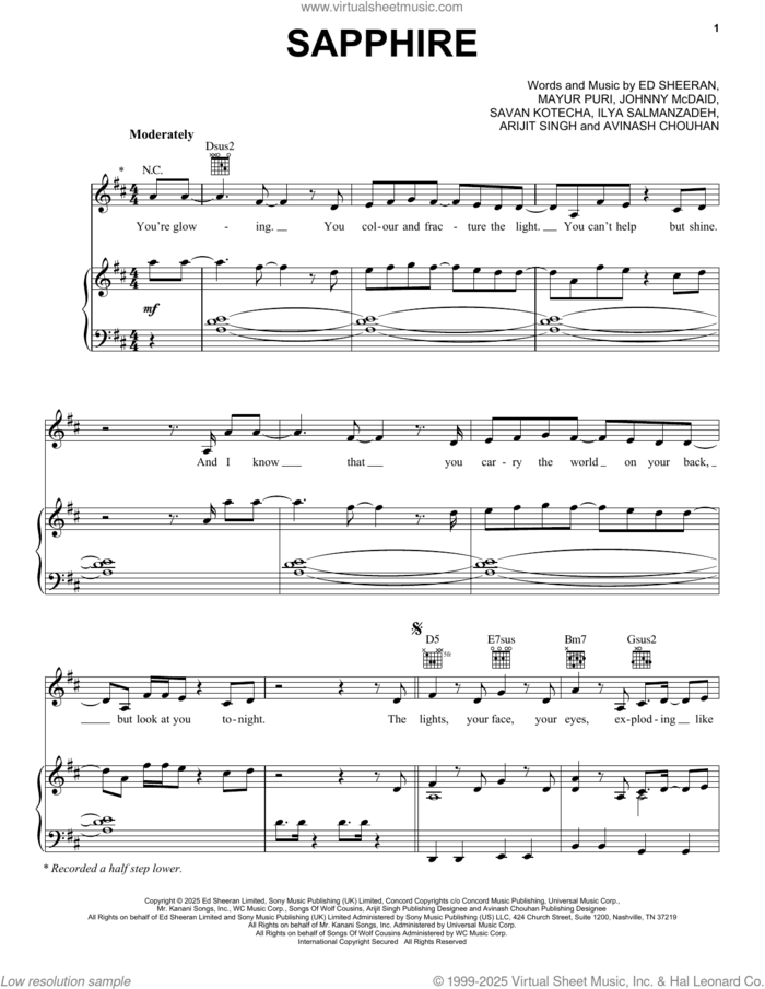 Sapphire sheet music for voice, piano or guitar by Ed Sheeran with Shah Rukh Khan & Arijit Singh, Arijit Singh, Avinash Chouhan, Ed Sheeran, Ilya Salmanzadeh, Johnny McDaid, Mayur Puri and Savan Kotecha, intermediate skill level